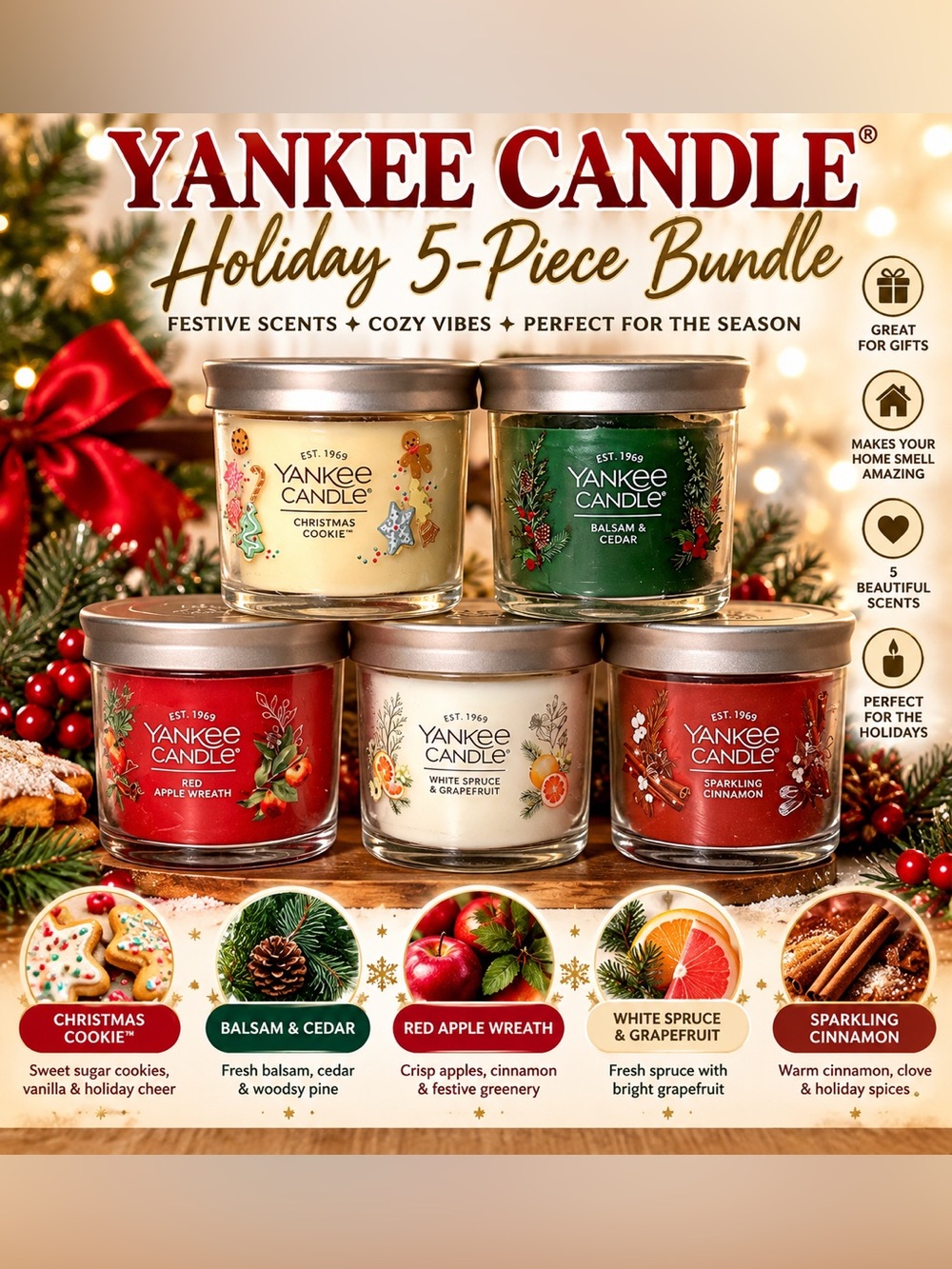 Yankee Candle Holiday 5-Piece Christmas Candle Bundle – Festive Scents Gift Set